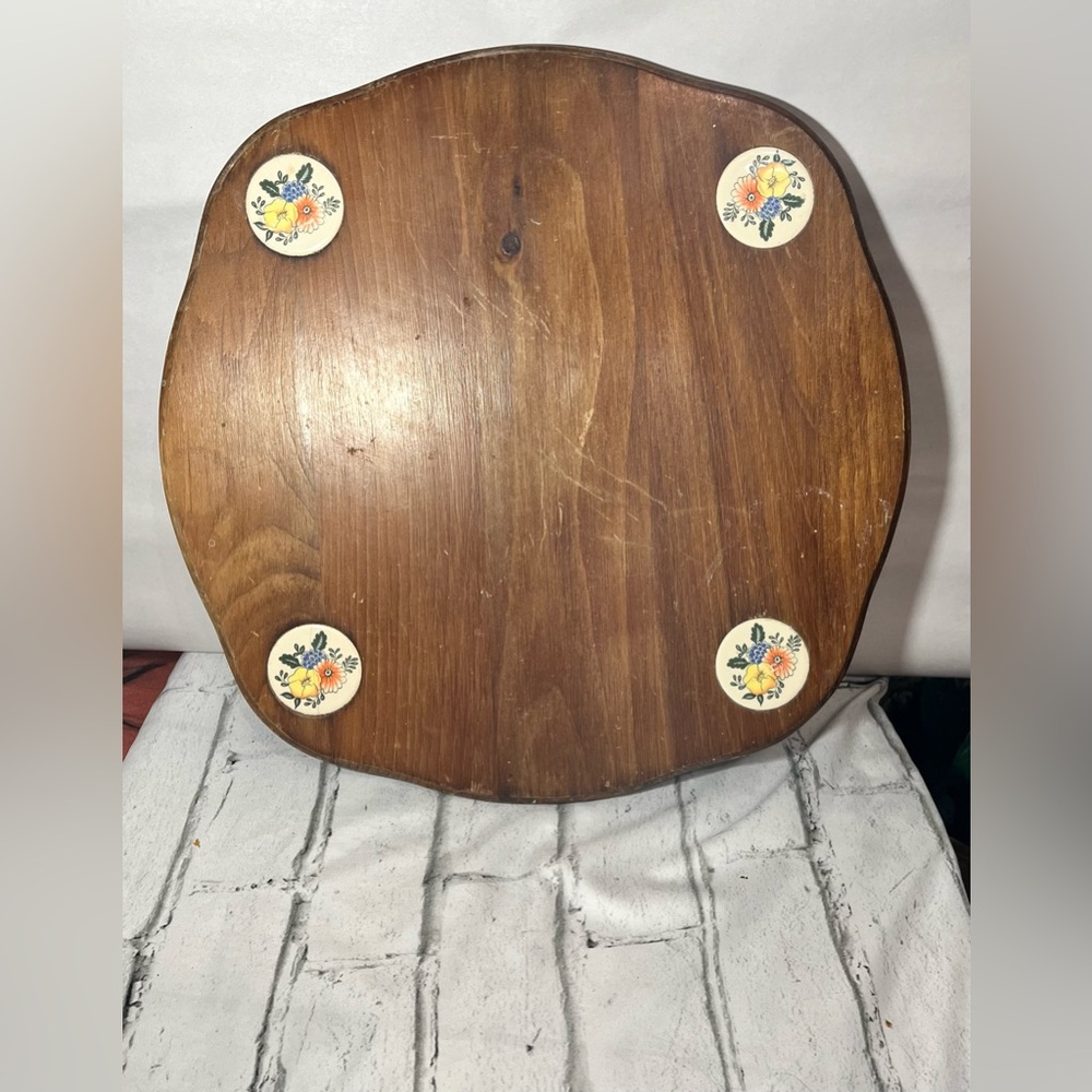 15.5' Wooden Lazysusan Squarish Ceramic Tile Inlays Centerpiece Dinning Vintage